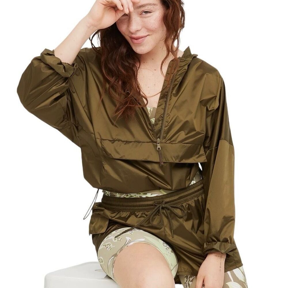 Aerie Offline Olive Green Shine Windbreaker Jacket N0489
